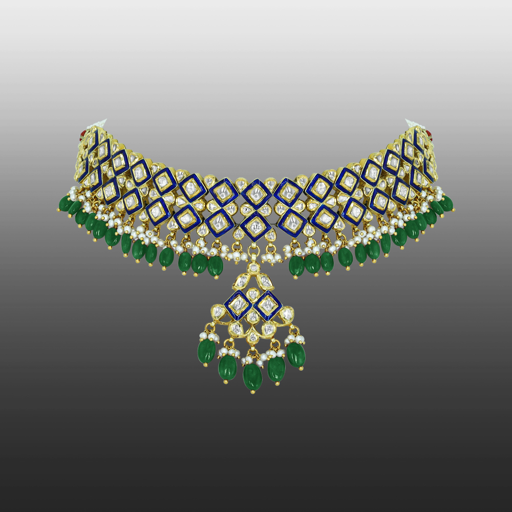 Blue Enamel Polki Choker with Emerald Maniyas and Pearl Clusters